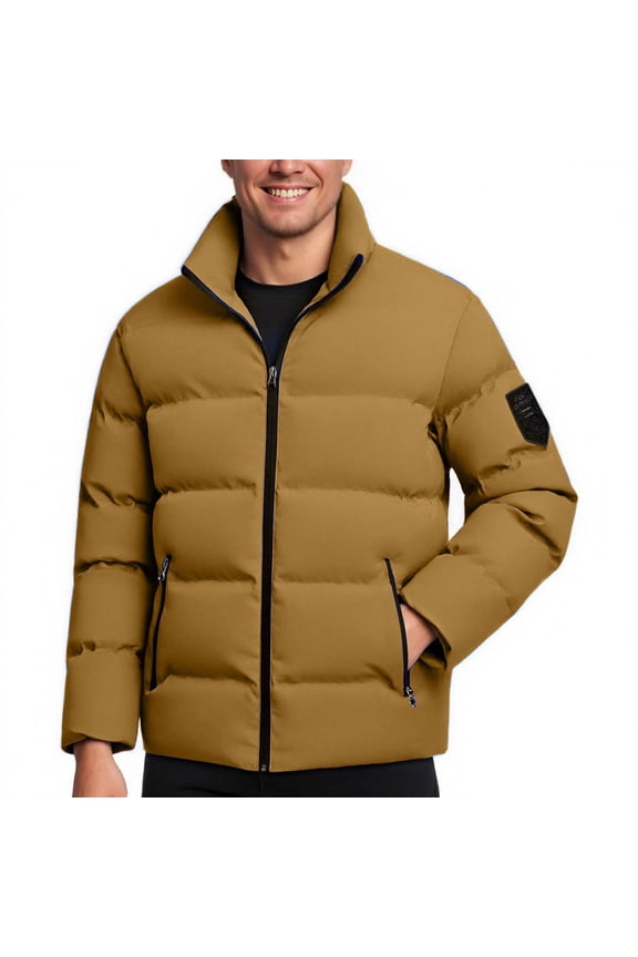 Men's Warm Winter Puffer Jacket Stand Collar Full Zip Cotton Jacket Water Resistant Windproof Casual Fall Winter Coat