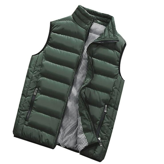 Men's Warm Winter Stand Collar Padded Puffer Vest Zip-Up Thermal Sleeveless Coat Casual Plaid Lined Outerwear