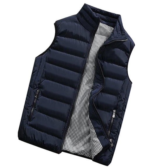Men's Warm Winter Stand Collar Padded Puffer Vest Zip-Up Thermal Sleeveless Coat Casual Plaid Lined Outerwear