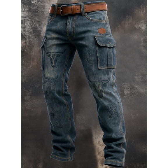 Men's Washed Blue Bull Print Cargo Jeans, Western Retro Style, Rugged & Casual Vibe, Versatile Wear, Ideal for Daily & Street Occasions