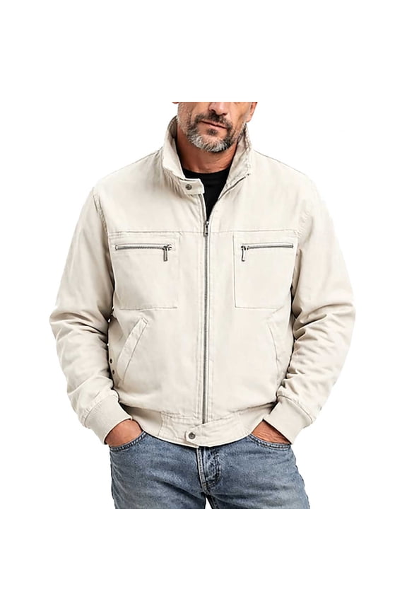 Men's Washed Cotton Bomber Jacket, Full Zip Multi Zipper Pocket Long Sleeve Lightweight Casual Utility Coat for Outdoor Work Daily Commute Spring Fall Wear Beige