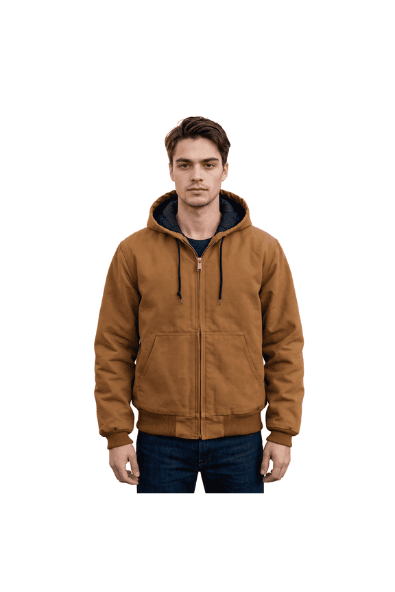 Men's Washed Cotton Canvas Hooded Jacket, Vintage Quilted Lined Workwear Zip Up Coat