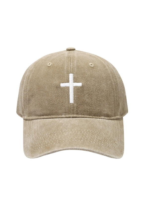 Men's Washed Cotton Embroidered Baseball Cap, Adjustable Distressed Dad Hat with Cross Design, Retro Casual Hat for Independence Day, Patriotic Outfits, and Daily Wear - Khaki