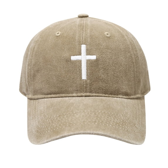 Men's Washed Cotton Embroidered Baseball Cap, Adjustable Distressed Dad Hat with Cross Design, Retro Casual Hat for Independence Day, Patriotic Outfits, and Daily Wear - Khaki