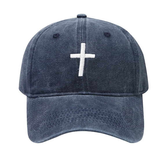 Men's Washed Cotton Embroidered Baseball Cap, Adjustable Distressed Dad Hat with Cross Design, Retro Casual Hat for Independence Day, Patriotic Outfits, and Daily Wear - Navy