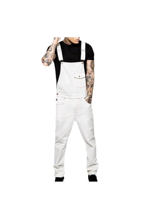 Men's Washed Denim Bib Overalls Relaxed Fit Fashion Jean Jumpsuit with Muti Pockets and Adjustable Strap White