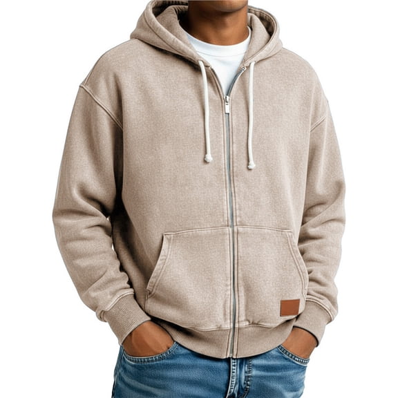Men's Washed Distressed Full-Zip Hoodie, Spring Fall Casual Hooded Outerwear Jacket, Khaki, L