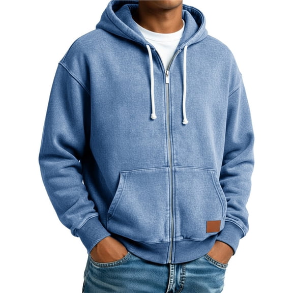 Men's Washed Distressed Full-Zip Hoodie, Spring Fall Casual Hooded Outerwear Jacket, Sky Blue, M