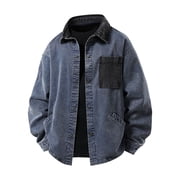 Men's Washed Distressed Lapel Denim Jacket Vintage Loose Street Work Jean Jacket Spring Fall Classic Comfy Button up Denim Outerwear with Multi Pockets