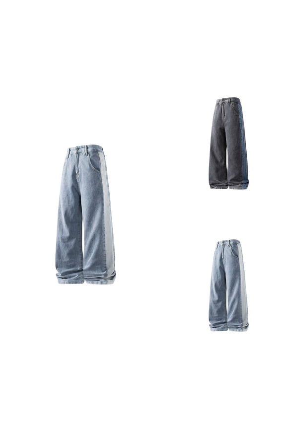 Men's Washed Print Holes Jeans, Splice Casual Trousers, Baggy Streetwear Sun and Moon Ripped Denim, Wide Leg Distressed Y2k Hip Hop Pants