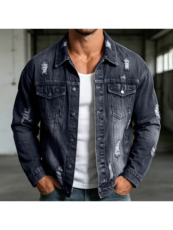 Men's Washed Ripped Denim Jacket, Distressed High Street Workwear