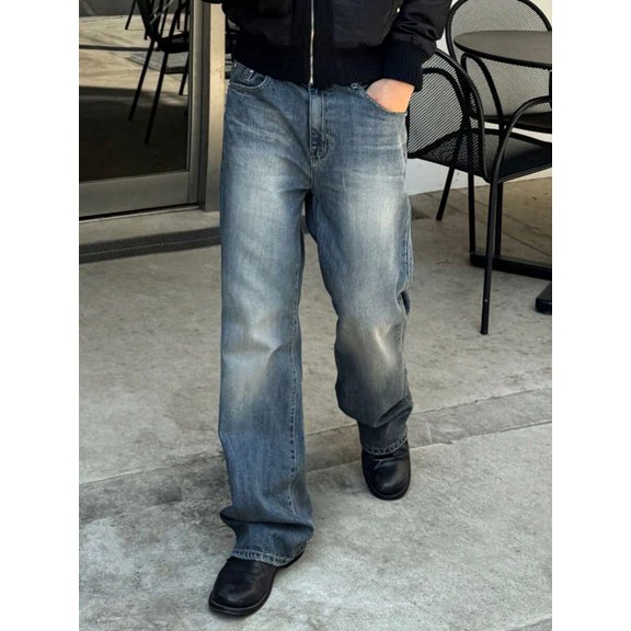 Men's Washed Straight Leg Jeans Button Front Mid Rise Denim Pants with Pockets Minimalist Casual for Office Commute & Everyday Wear