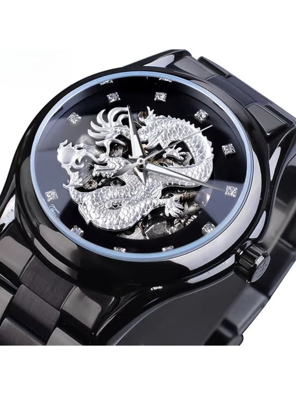 Men's Watch Automatic Mechanical Watch Skeleton Watch Stainless Steel Watch Dragon Design Analog Wristwatch Waterproof with Open Heart Dial Unique Fashion Watch Gift for Men