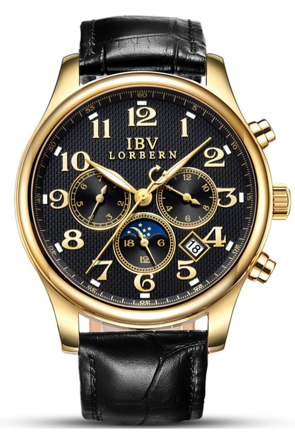Men's Watch Automatic Self-Wind 24 Hours Moon Phase Stainless Steel with Leather Strap Transparent Watch