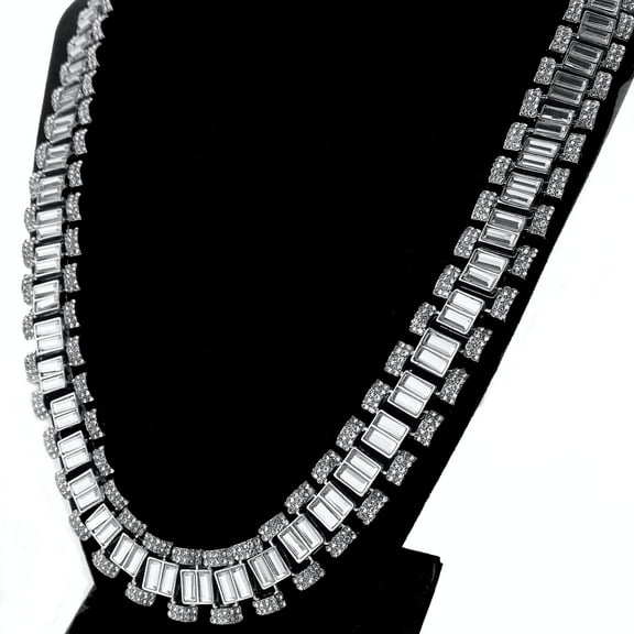 Men's Watch Band Link Chain Heavy Iced Baguette Necklace Silver Tone 24" Inch