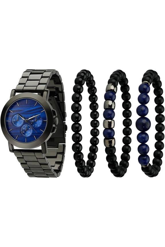 Men's Watch and Bracelet Set  Quartz Watch  Set with Stackable Beaded Bracelets 3ATM Water Resistant Watch  Sets for Men Stylish for Business and Casual Wear