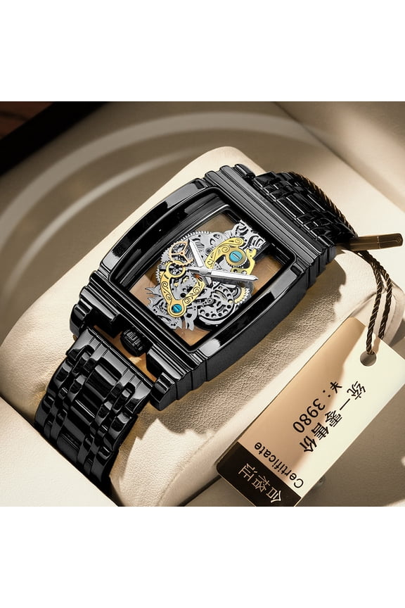 Men's Watch Fashion Barrel Motorcycle Gear Strip Hollow Tourbillon Steel Band Watch Men's Personality Waterproof Luminous Quartz Watch