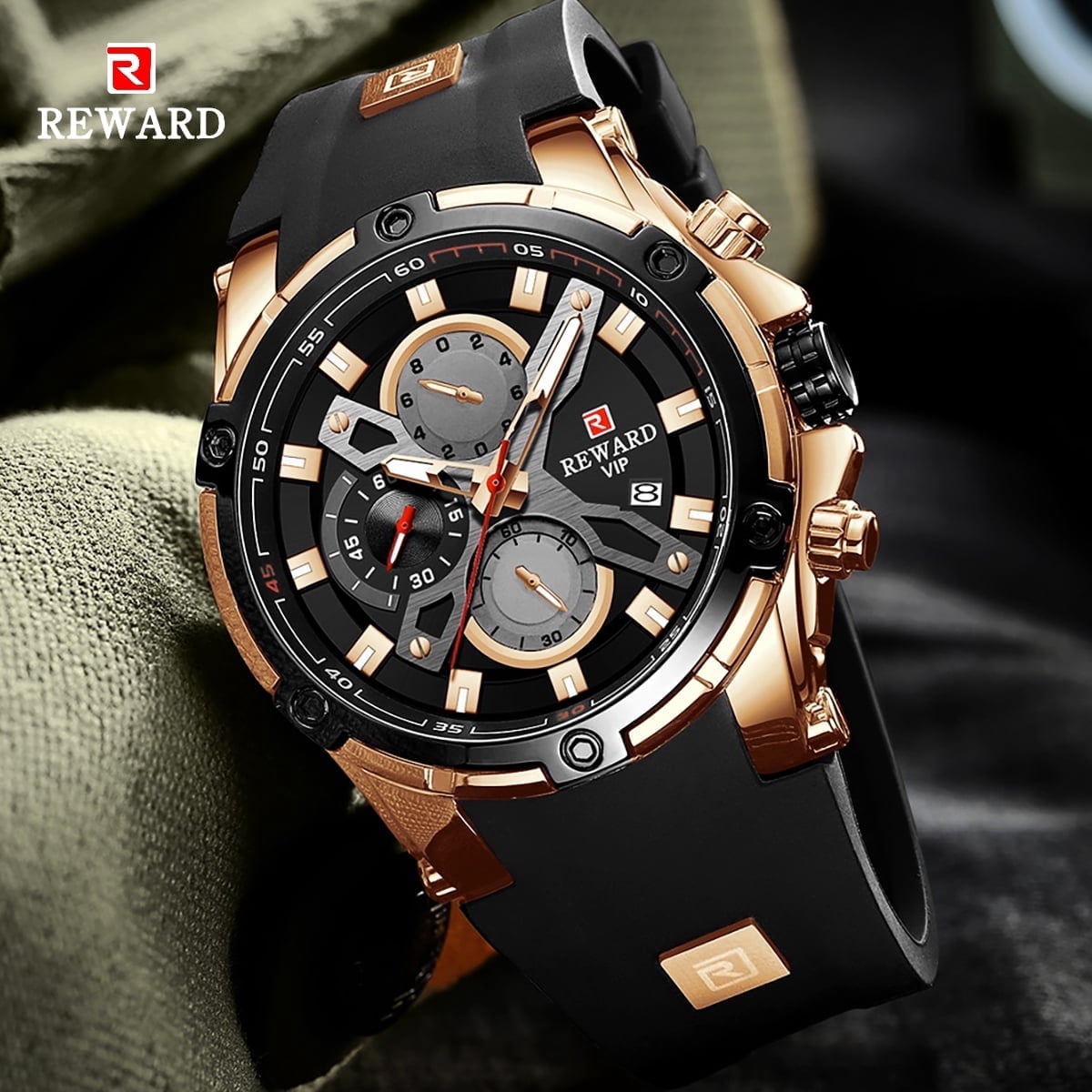 Men's Watch Fashion Tonneau Wrist Watches (Chronograph/Waterproof/Luminous/Calendar) Silicon Strap Quartz Watch for Men