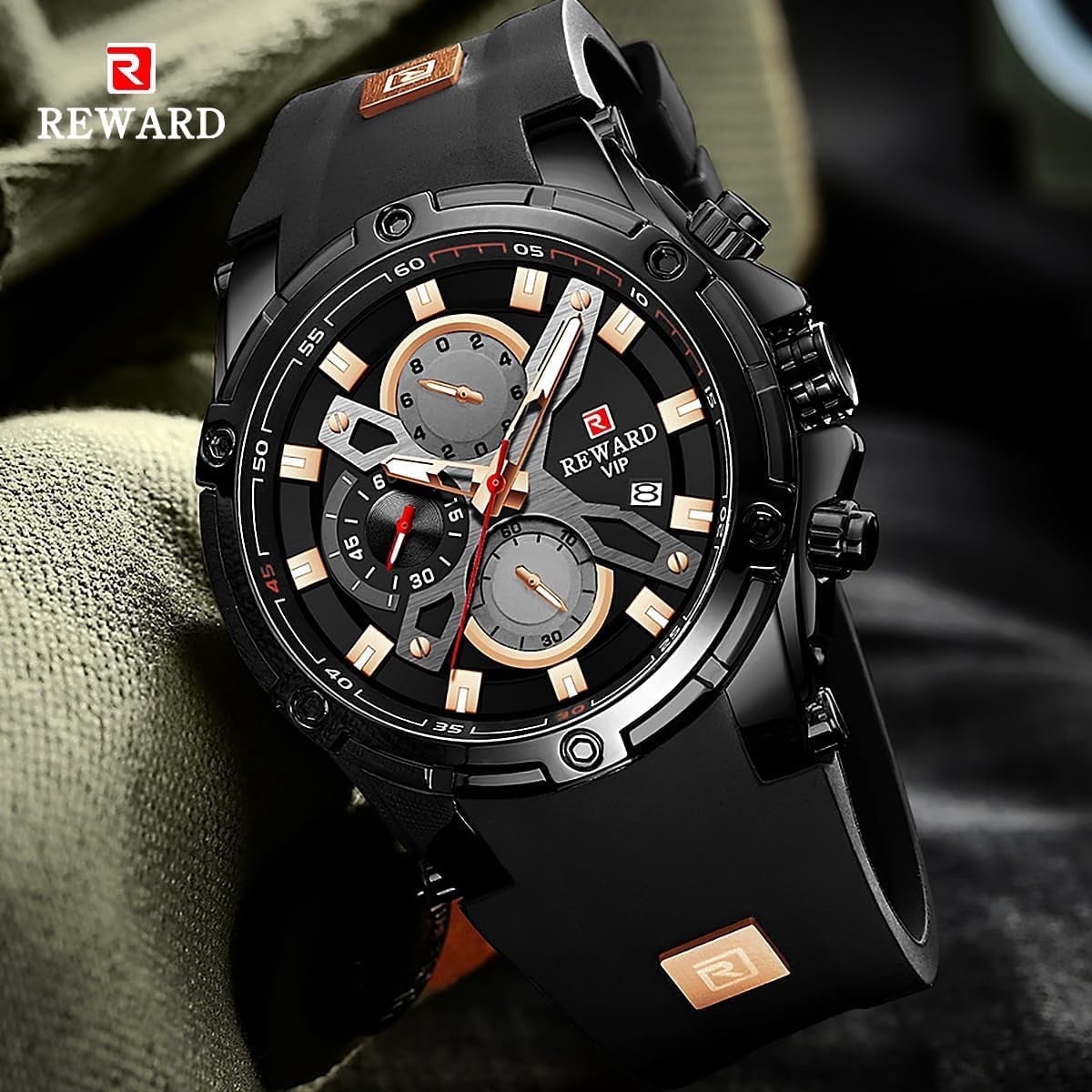 Men's Watch Fashion Tonneau Wrist Watches (Chronograph/Waterproof/Luminous/Calendar) Silicon Strap Quartz Watch for Men