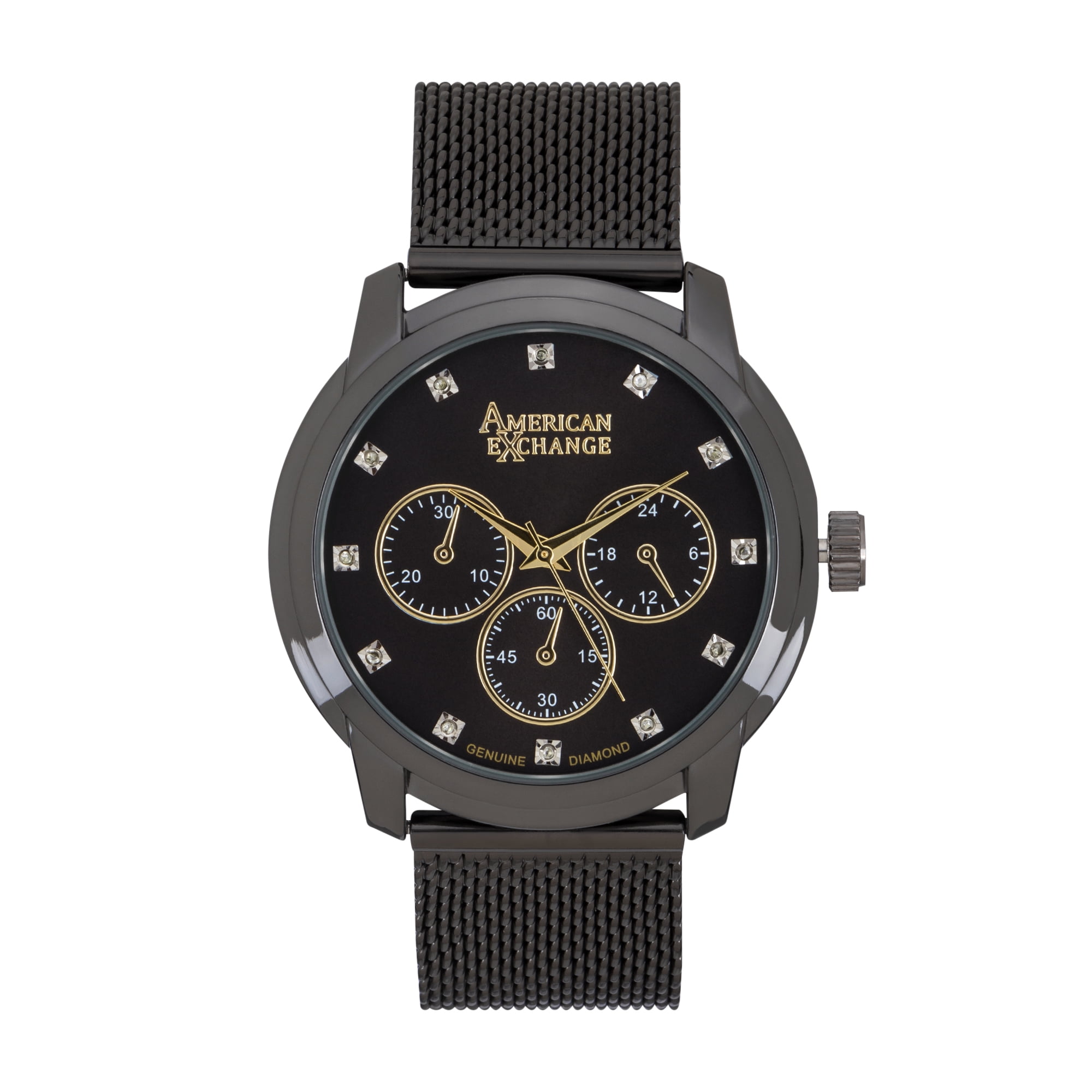 Men s Watch Genuine Diamond Collection Black Dial Black Mesh Bracelet Walmart