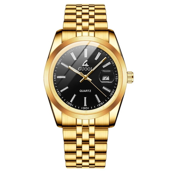 Men's Watch Gold Stainless Steel Watch with Black Dial, Classic Business Quartz Wristwatch with Date Window and Luminous Markers, Luxury Analog Watches for Men