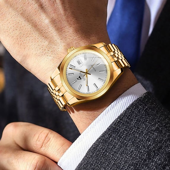 Men's Watch Gold Stainless Steel Watch with White Dial, Classic Business Quartz Wristwatch with Date Window and Luminous Markers, Luxury Analog Watches for Men