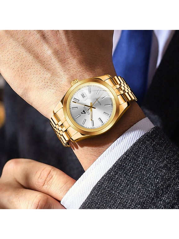 Men's Watch Gold Stainless Steel Watch with White Dial, Classic Business Quartz Wristwatch with Date Window and Luminous Markers, Luxury Analog Watches for Men