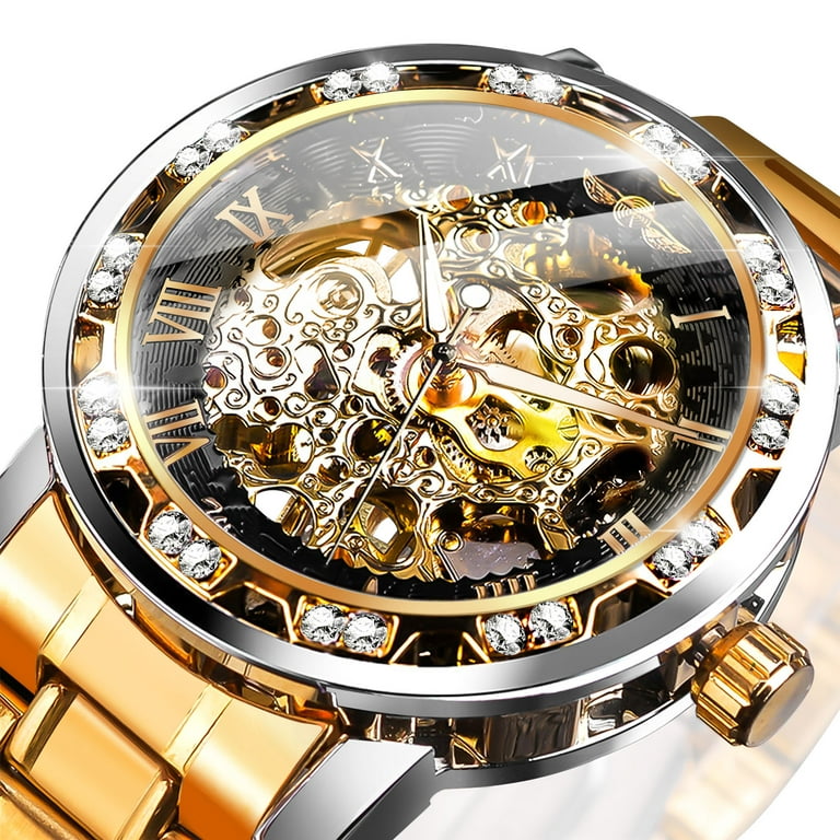Men's Watch, Luxury Mechanical Stainless Steel Skeleton Waterproof Automatic Self-Winding Rome Number Diamond Dial Wrist Watch for Men, Size: Watch