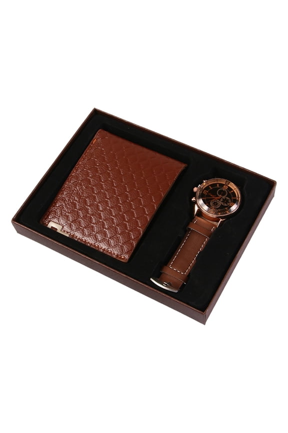 Men's Watch & Wallet Gift Set - PU Leather Combo for Father's Day/Business (Black/Brown)
