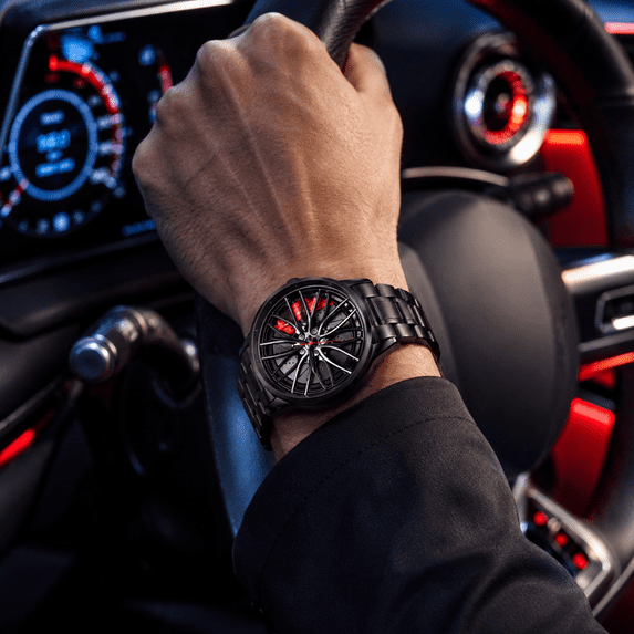 Men’s Watches, Quartz Watch With Wheel Rim Dial, Black Metal Bracelet, Fashion Analog Wrist Watch For Casual And Dress Style