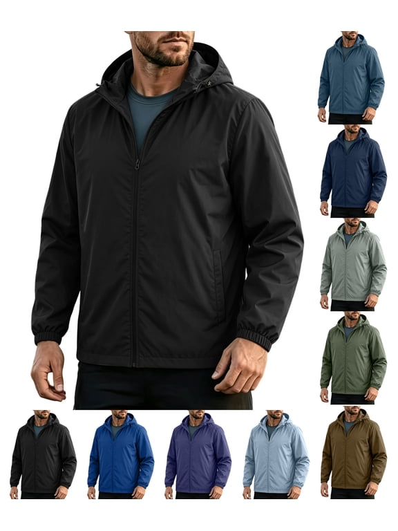 Men's Water-Repellent Rain Jacket, Packable Lightweight Hooded Windbreaker with Storage Pouch, Full Zip Shell for Outdoor