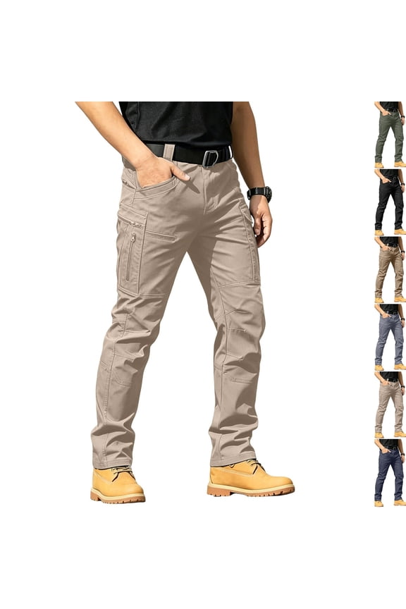 Men's Water Resistant Tactical Cargo Pants Elastic Waist Button Closure 10 Multi-Pocket Rip Resistant Work Hiking Trousers (Belt Not Included) ,S,Khaki