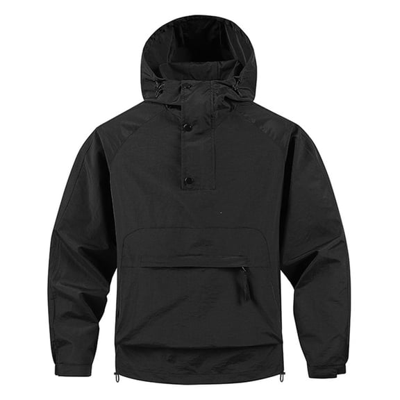 Men's Waterproof Anorak Pullover Windbreaker Rain Jacket Hooded Shell Coat with Kangaroo Pocket for Hiking Camping Travel Fall Winter, Black, XL