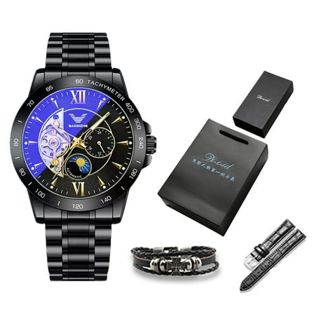 Men's Waterproof Automatic Mechanical Watch Set - 2 Piece Gift Box (Watch + Bracelet) - Skeleton Dial Design, Stainless Steel, Perfect for Casual and Formal Occasions, Birthday Gifts for Men