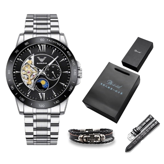 Men's Waterproof Automatic Mechanical Watch Set - 2 Piece Gift Box (Watch + Bracelet) - Skeleton Dial Design, Stainless Steel, Perfect for Casual and Formal Occasions, Birthday Gifts for Men