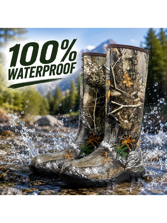 Men’s Waterproof Birch Camo Hunting Boots with Insulated Neoprene Upper, Deep-Tread Rubber Outsole and Storage Bag for Fishing, Farm Work, Camping, Mud, Rain and Cold Weather
