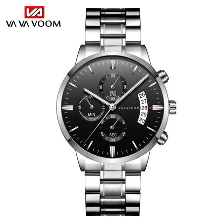 Men's Waterproof Black Stainless Steel Business-Casual Quartz Watches with Calendar Function and Stainless Steel Straps