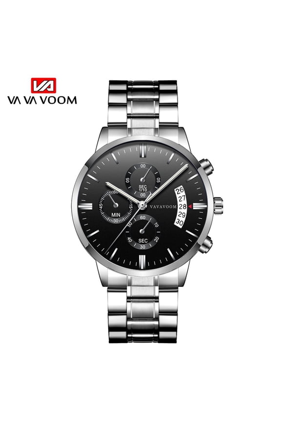 Men's Waterproof Black Stainless Steel Business-Casual Quartz Watches with Calendar Function and Stainless Steel Straps