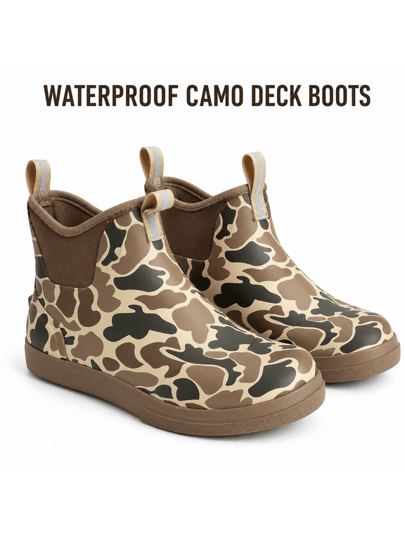 Men's Waterproof Camo Deck Boots, Slip-Resistant Rubber Ankle Fishing Boots with EVA Insoles, Moisture-Wicking Lining & Dual Pull Tabs for Boating, Fishing, Gardening and Marine Use