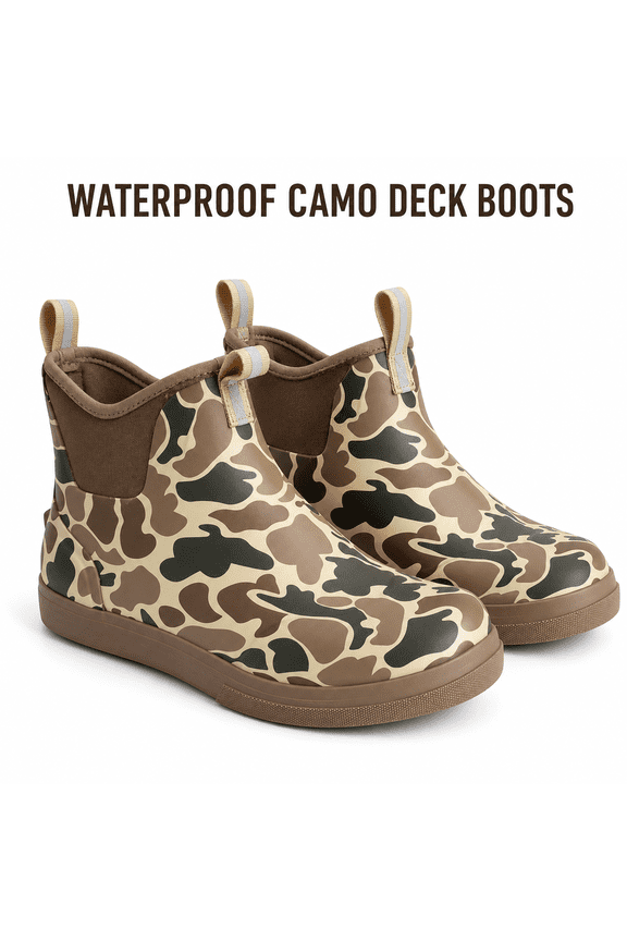 Men's Waterproof Camo Deck Boots, Slip-Resistant Rubber Ankle Fishing Boots with EVA Insoles and Dual Pull Tabs