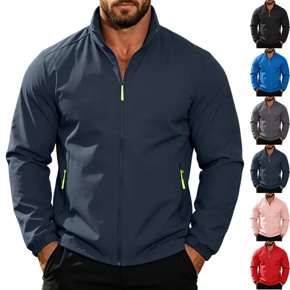 Men's Waterproof Golf Windbreaker Active Shell Jacket Stand Collar Full Zip Windproof Outerwear Coat with Zip Pockets for Daily Wear Travel, Navy, XXXL