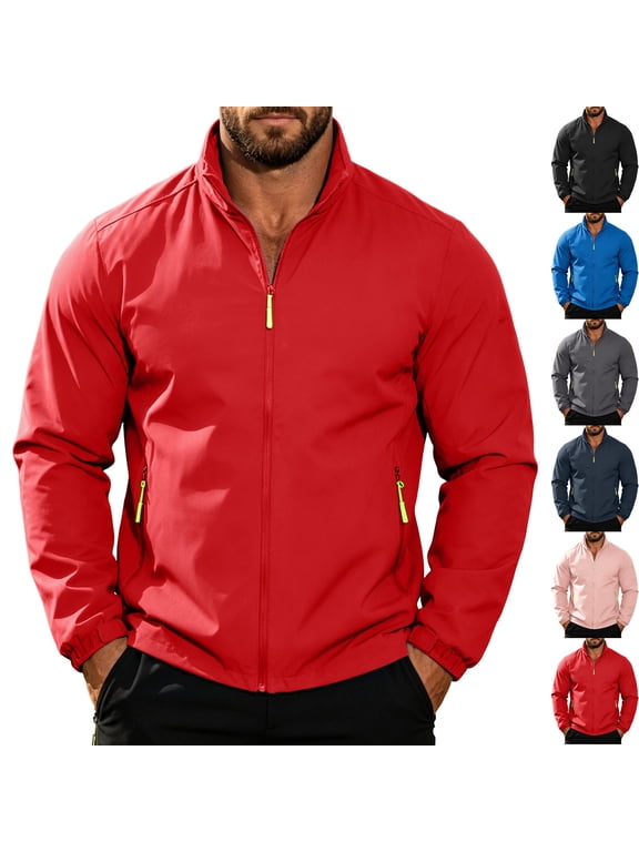 Men's Waterproof Golf Windbreaker Active Shell Jacket Stand Collar Full Zip Windproof Outerwear Coat with Zip Pockets for Daily Wear Travel, Red, XXXL