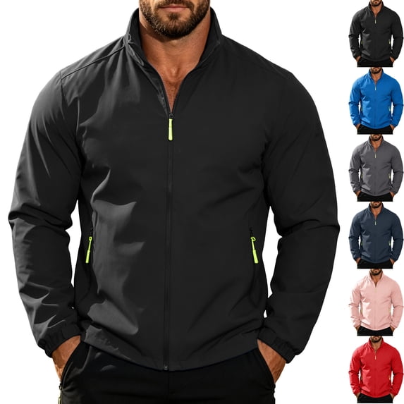 Men's Waterproof Golf Windbreaker Active Shell Jacket Stand Collar Full Zip Windproof Outerwear Coat with Zip Pockets for Daily Wear Travel, Black, S