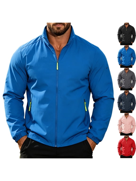 Men's Waterproof Golf Windbreaker Active Shell Jacket Stand Collar Full Zip Windproof Outerwear Coat with Zip Pockets for Daily Wear Travel, Blue, L