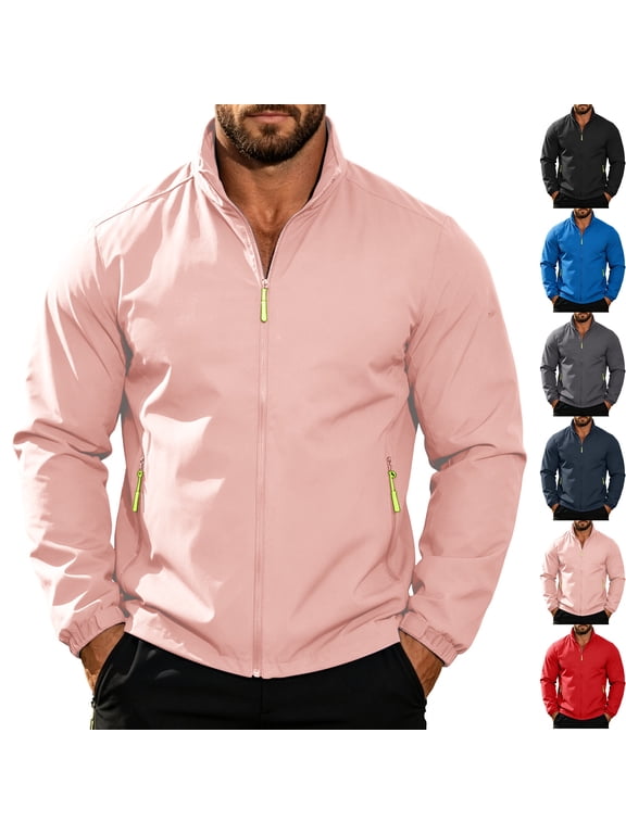 Men's Waterproof Golf Windbreaker Active Shell Jacket Stand Collar Full Zip Windproof Outerwear Coat with Zip Pockets for Daily Wear Travel, Pink, XL