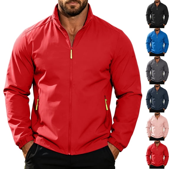 Men's Waterproof Golf Windbreaker Active Shell Jacket Stand Collar Full Zip Windproof Outerwear Coat with Zip Pockets for Daily Wear Travel, Red, XXL