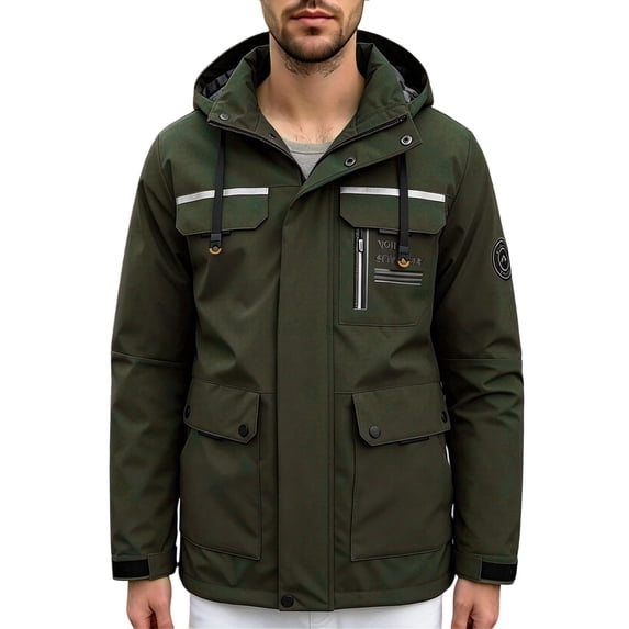 Men's Waterproof Hooded Jacket, Windproof Outdoor Work Coat with Multi-Pockets, Detachable Hood Casual Spring Fall Windbreaker Army Green