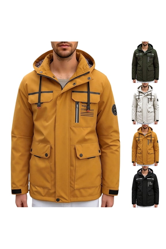 Men's Waterproof Hooded Jacket, Windproof Outdoor Work Coat with Multi-Pockets, Detachable Hood Casual Spring Fall Windbreaker Yellow