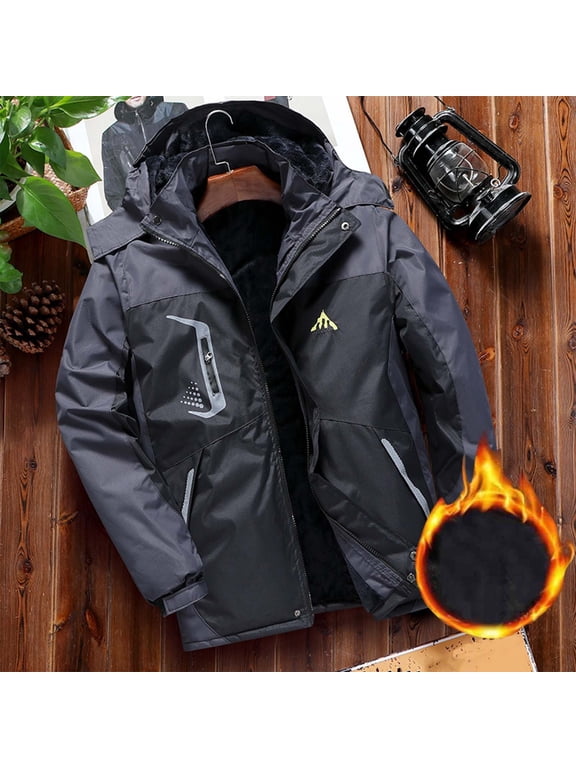 Men's Waterproof Jacket Winter Warm Windproof Coat with Fleece Lining Detachable Hood Ski Coats Plus Size Multi-Pockets for Outdoor