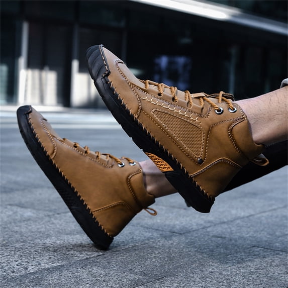 Men’s Waterproof Leather Boots,Wide Toe Box Ankle Boots with Cushioned Insole,Comfortable Non-Slip Outdoor Walking Shoes